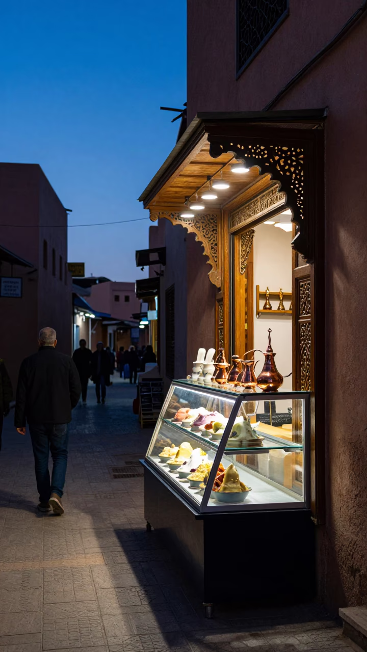 Blue Hour in Marrakech Medina with Gelato Display and Copper Cezve in in Marrakech, Morocco