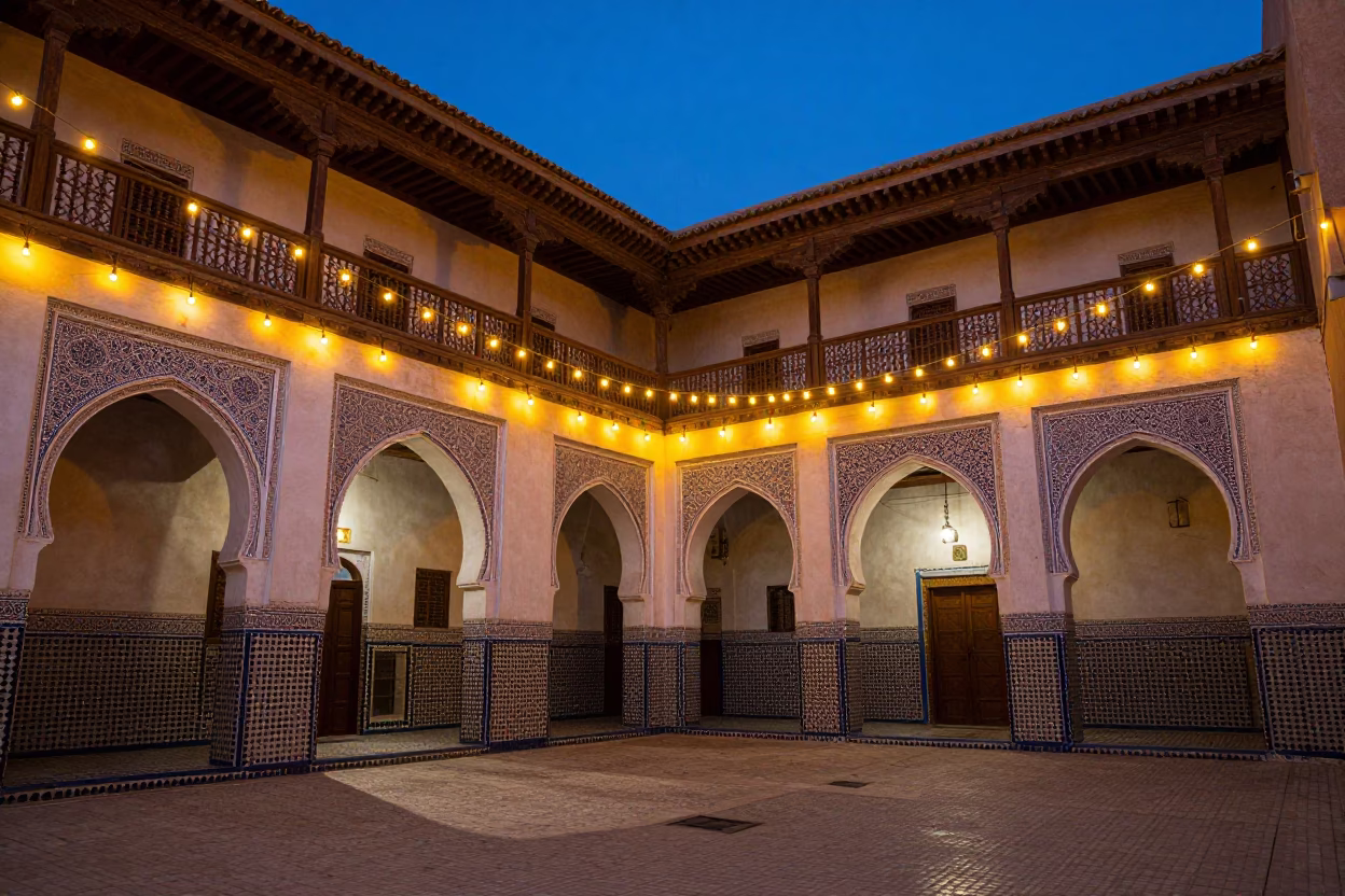 Blue Hour in Marrakech Medina with String Lights and Local Street Life in in Marrakech, Morocco