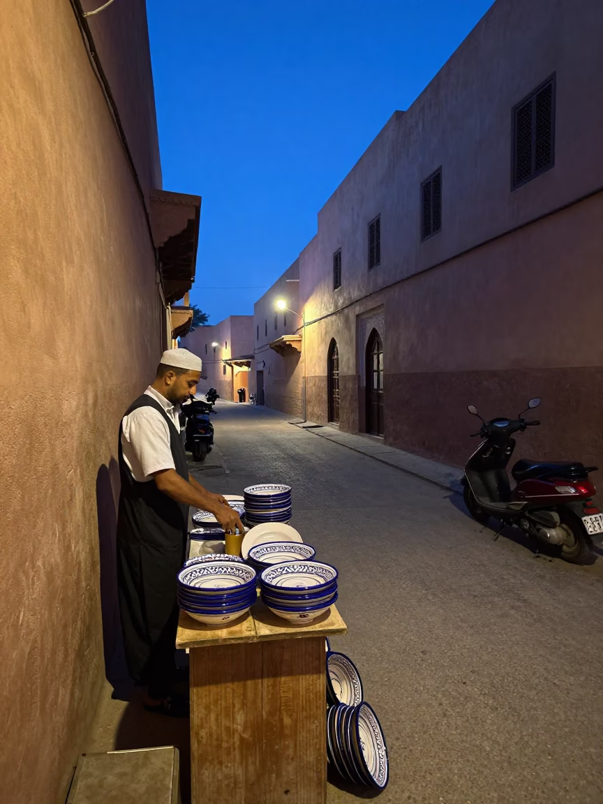 Blue Hour in Marrakech Morocco Street Scene with Ceramic Plate and Scooter in in Marrakech, Morocco