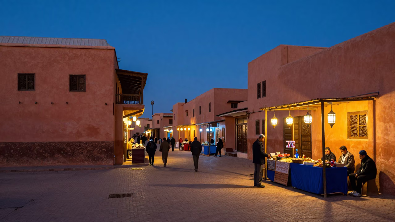 Blue Hour in Marrakech Morocco Street Scene with Lanterns and Local Life in in Marrakech, Morocco