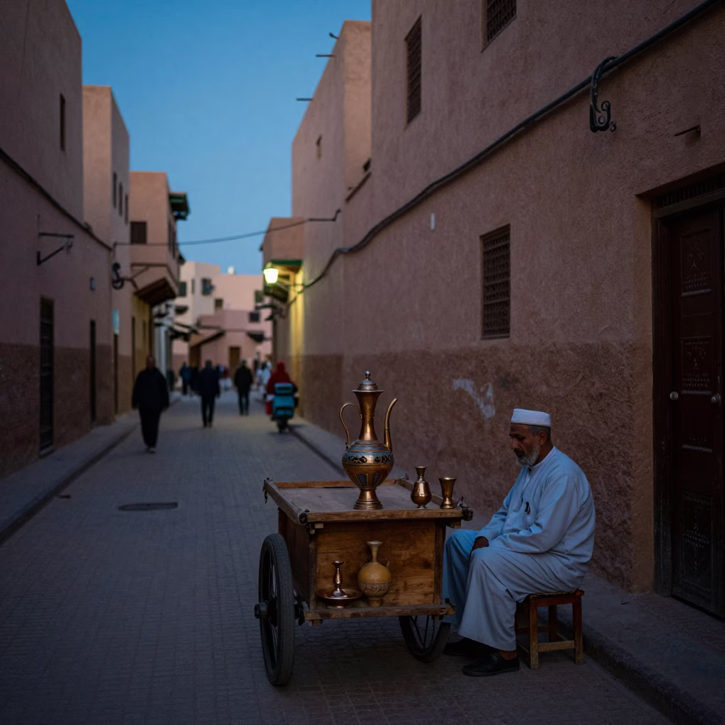 Blue Hour in Marrakech Morocco Street Scene with Traditional Drinking Vessel in in Marrakech, Morocco