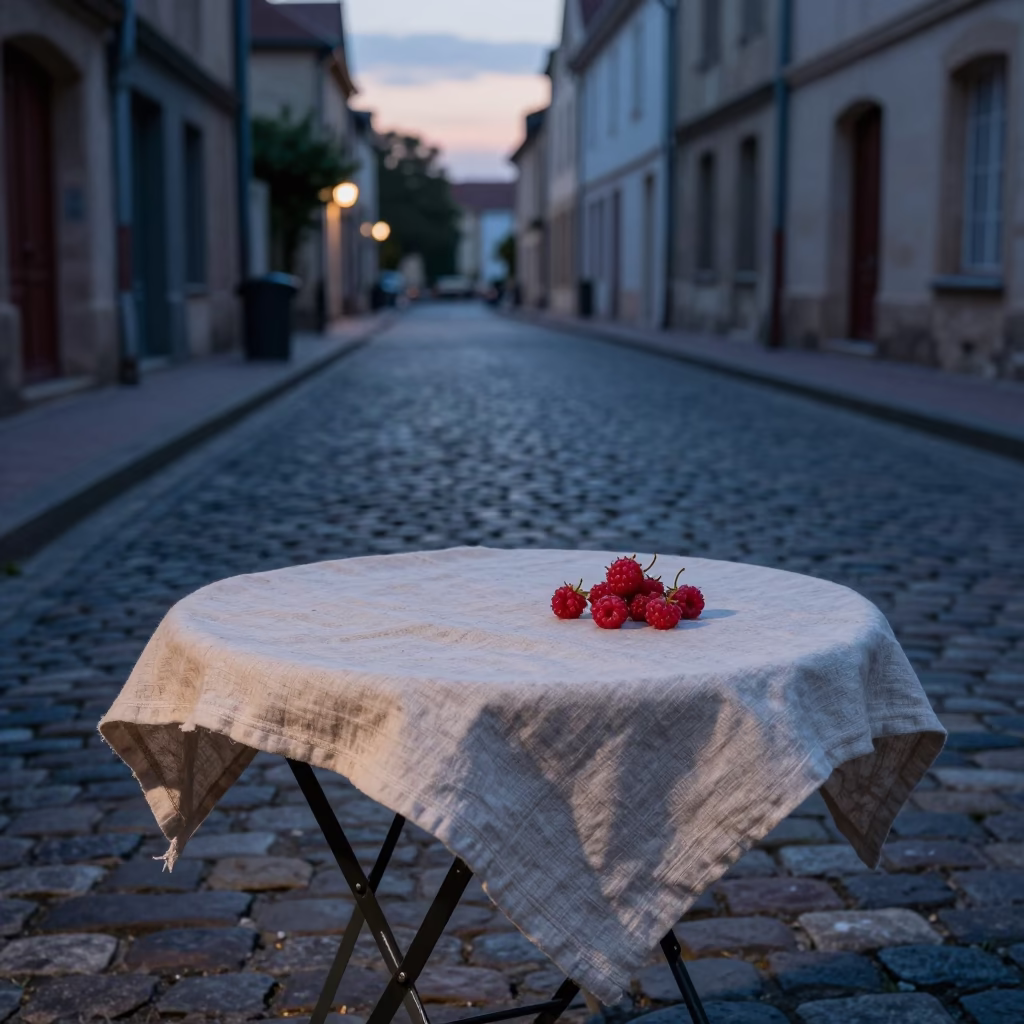 Blue Hour in Nice France Cobblestone Street Scene with Linen Runner and Raspberries in in Nice, France