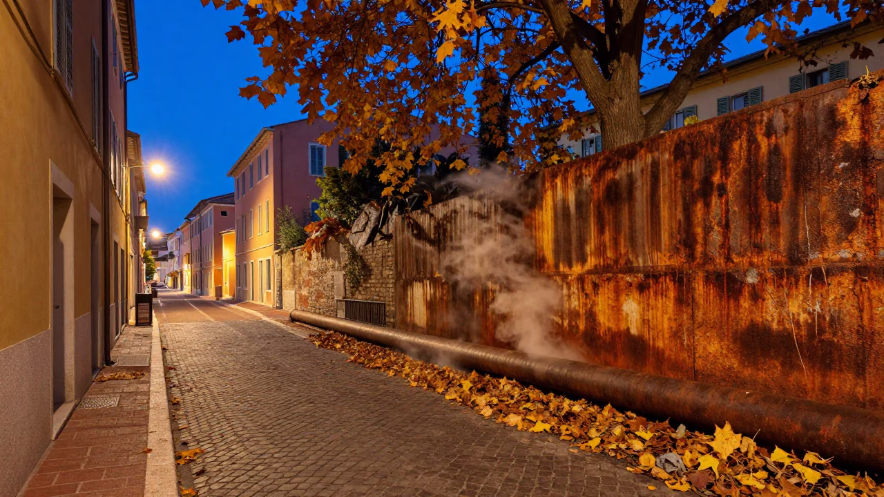 Blue Hour in Nice France Street Scene with Rusty Walls and Autumn Leaves in in Nice, France