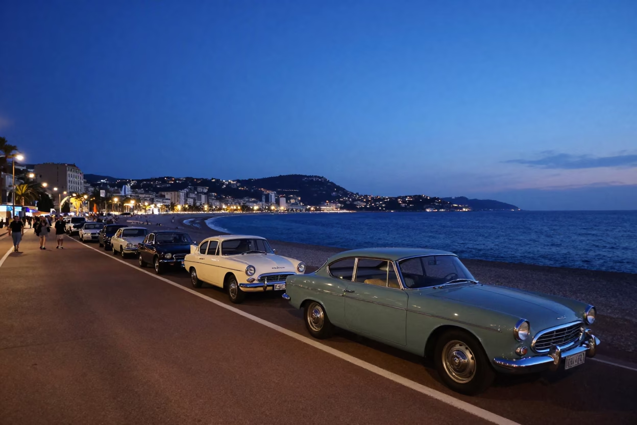 Blue Hour in Nice France with Vintage Cars and Coastal Promenade in in Nice, France