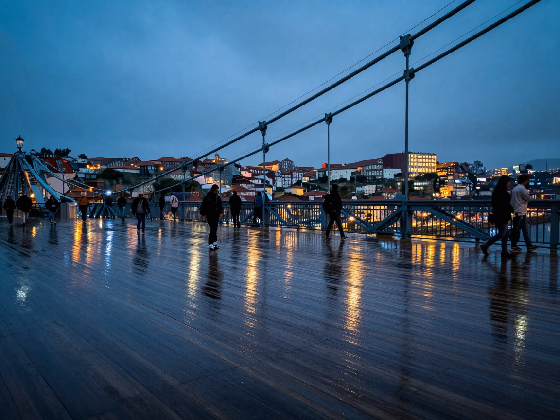 Blue Hour in Porto Portugal Suspension Bridge Deck Shining After Storm in in Porto, Portugal