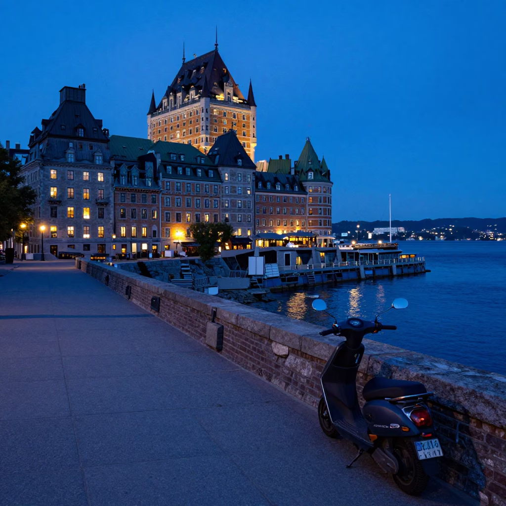 Blue Hour in Quebec City Harbor Promenade with Parked Scooter and Evening Water Views in in Quebec City, Quebec, Canada