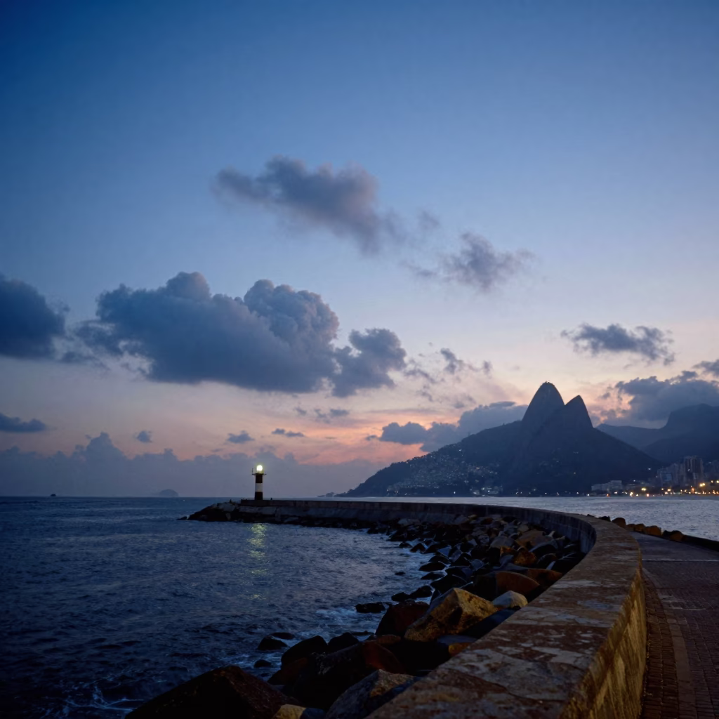 Blue Hour in Rio de Janeiro with Morning Glory Clouds and Coastal Breakwater Beacon in in Rio de Janeiro, Brazil