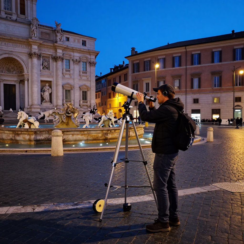 Blue Hour in Rome Italy Street Scene with Astronomer and Telescope in in Rome, Italy