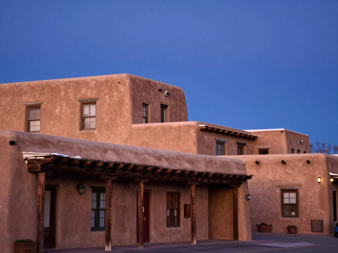 Blue Hour in Santa Fe New Mexico Adobe Architecture and Street Life in in Santa Fe, New Mexico, United States