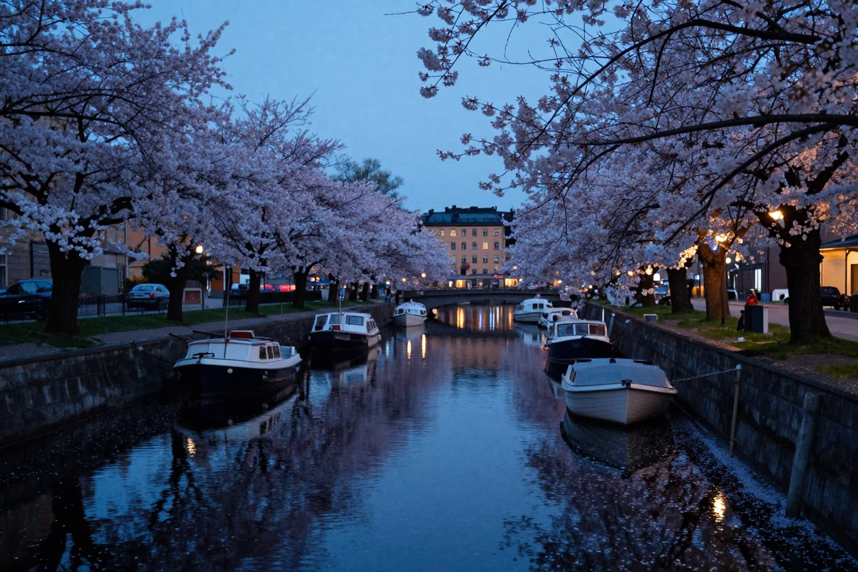 Blue Hour in Stockholm Sweden Cherry Blossoms and Canal Reflections in in Stockholm, Sweden