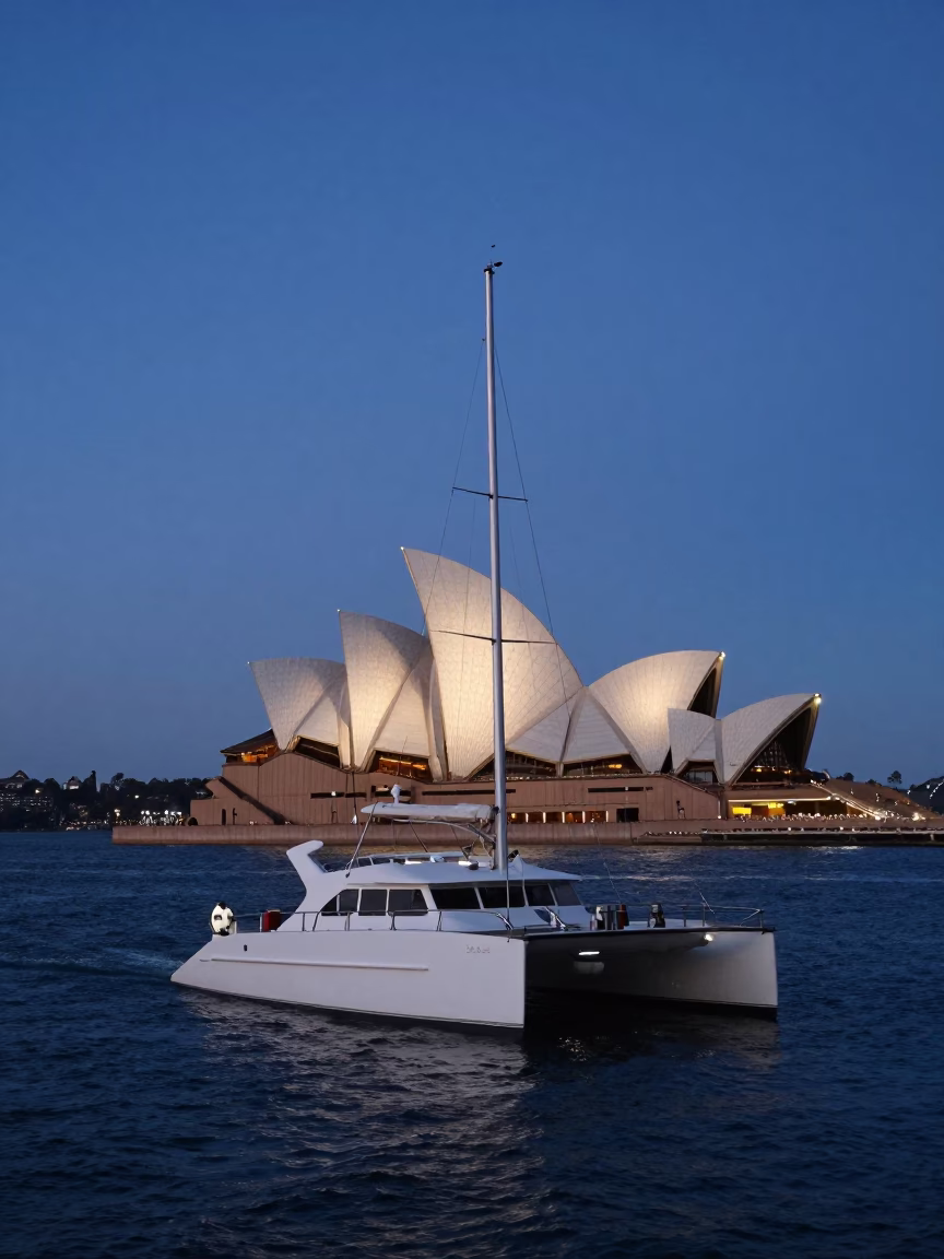Blue Hour in Sydney Harbour with Catamaran and Chemist Near Opera House in in Sydney, New South Wales, Australia