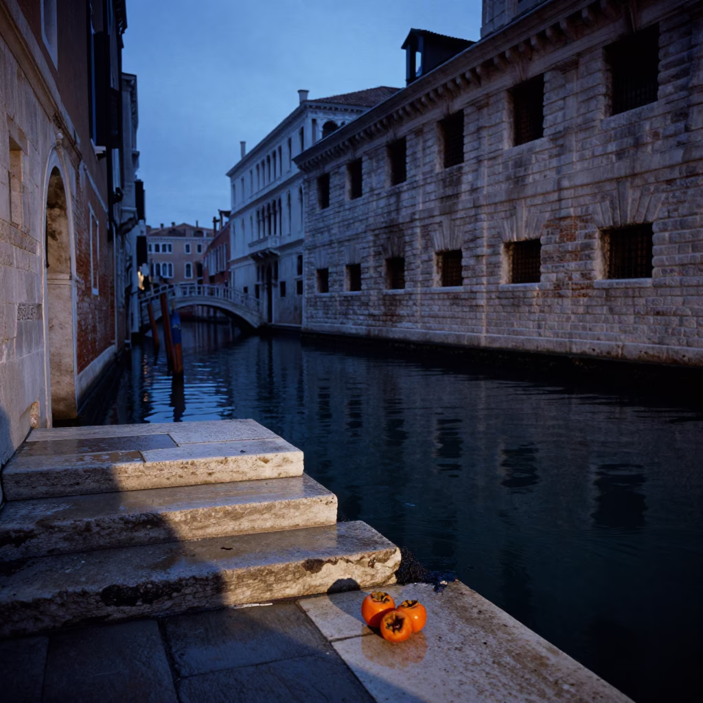 Blue Hour in Venice Canals with Wicker Shadows and Persimmons on Stone Steps in in Venice, Italy