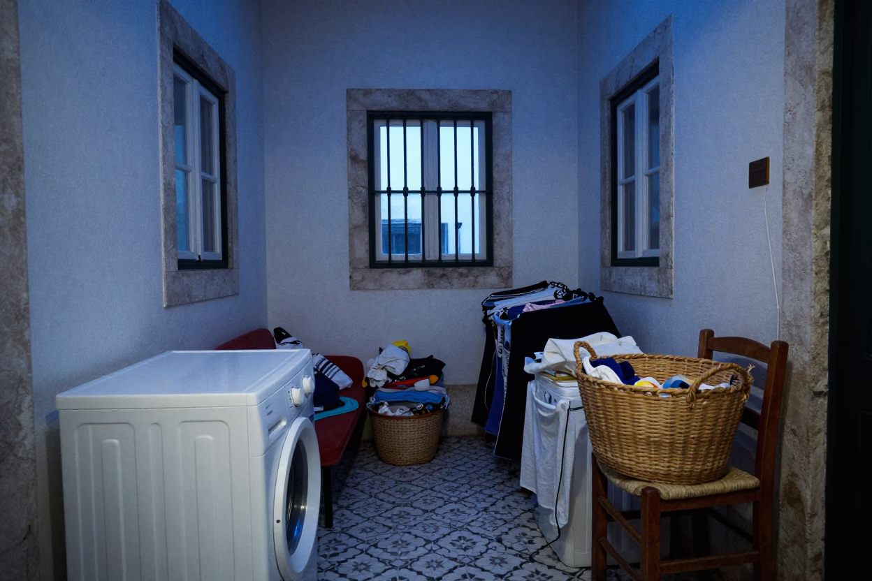 Blue Hour Interior in Alfama Fado House with Laundry and Books in in Lisbon, Portugal