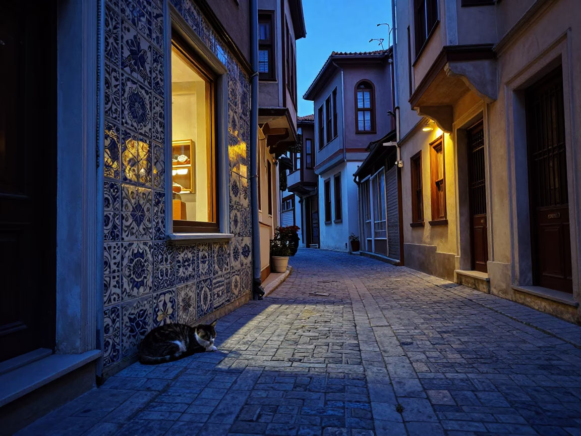 Blue Hour Istanbul Street Scene with Ceramic Tiles and Sleeping Cat in in Istanbul, Turkey