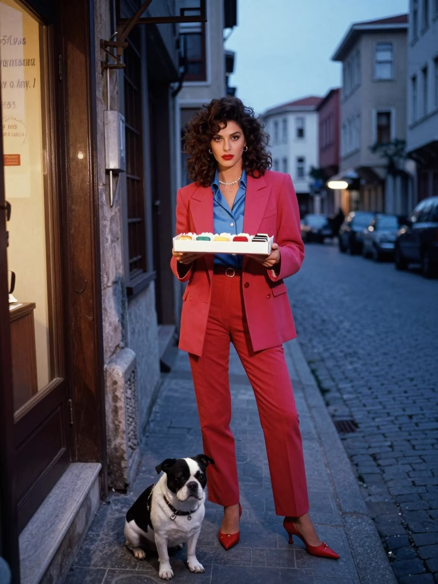 Blue Hour Istanbul Street Scene with Fashion Model and Pet in in Istanbul, Turkey