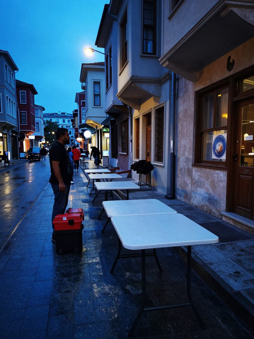 Blue Hour Istanbul Street Scene with Folding Tables and Toolbox Near Bosphorus in in Istanbul, Turkey