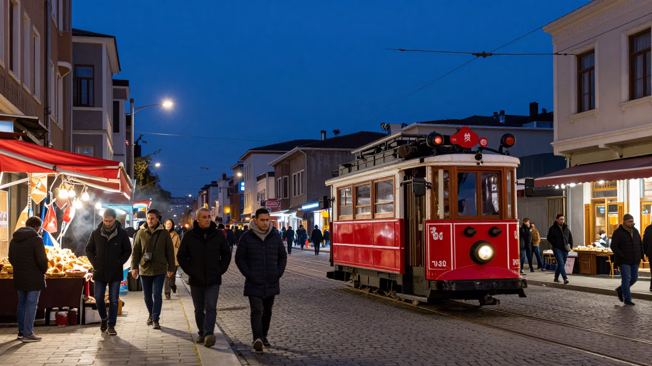 Blue Hour Istanbul Street Scene with Heritage Tram and Cobblestone Avenue in in Istanbul, Turkey