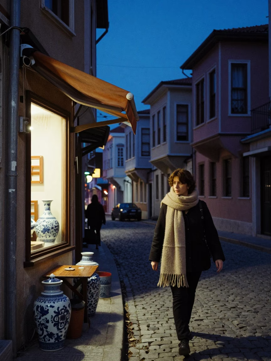 Blue Hour Istanbul Street Scene with Scarf and Porcelain Jar Near Historic Architecture in in Istanbul, Turkey