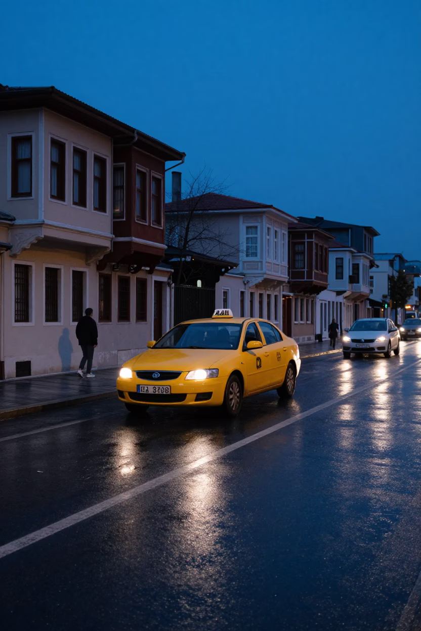 Blue Hour Istanbul Street Scene with Yellow Taxi and Traditional Architecture in in Istanbul, Turkey