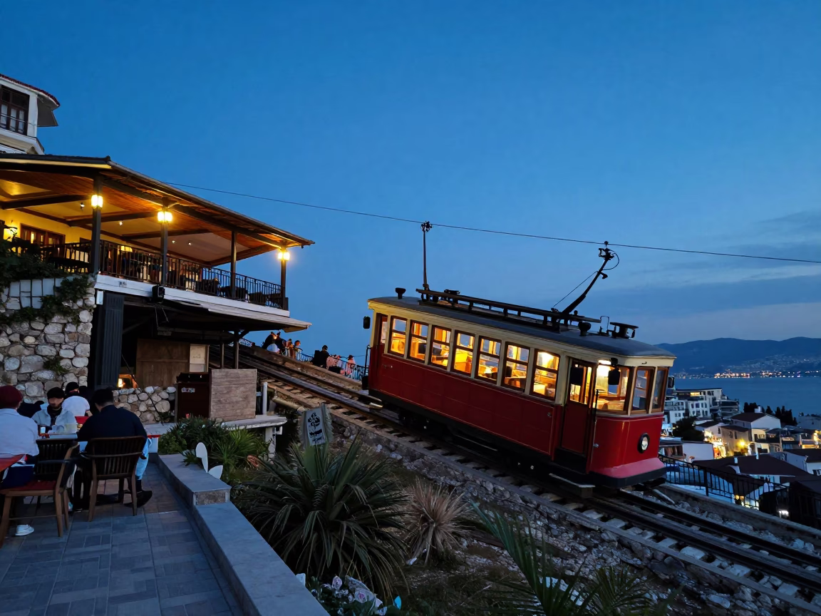 Blue Hour Izmir Turkey Funicular Railway Cliffside Restaurant Evening Street Scene in in Izmir, Turkey