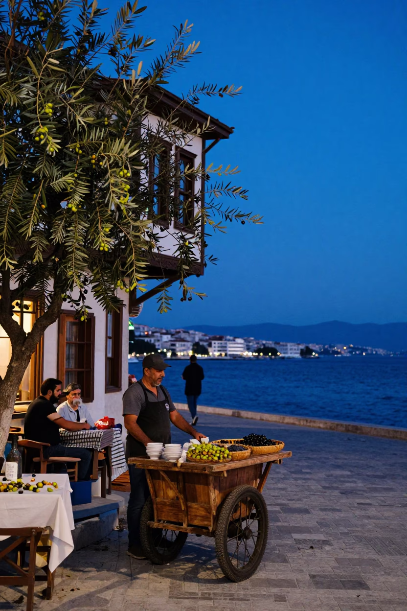 Blue Hour Izmir Turkey Street Scene with Olives and Vintage 1970s Charm in in Izmir, Turkey