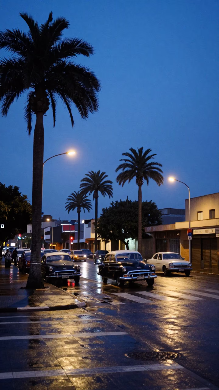 Blue Hour Johannesburg Street Scene with Palm Trees and Vintage Automobiles in in Johannesburg, South Africa
