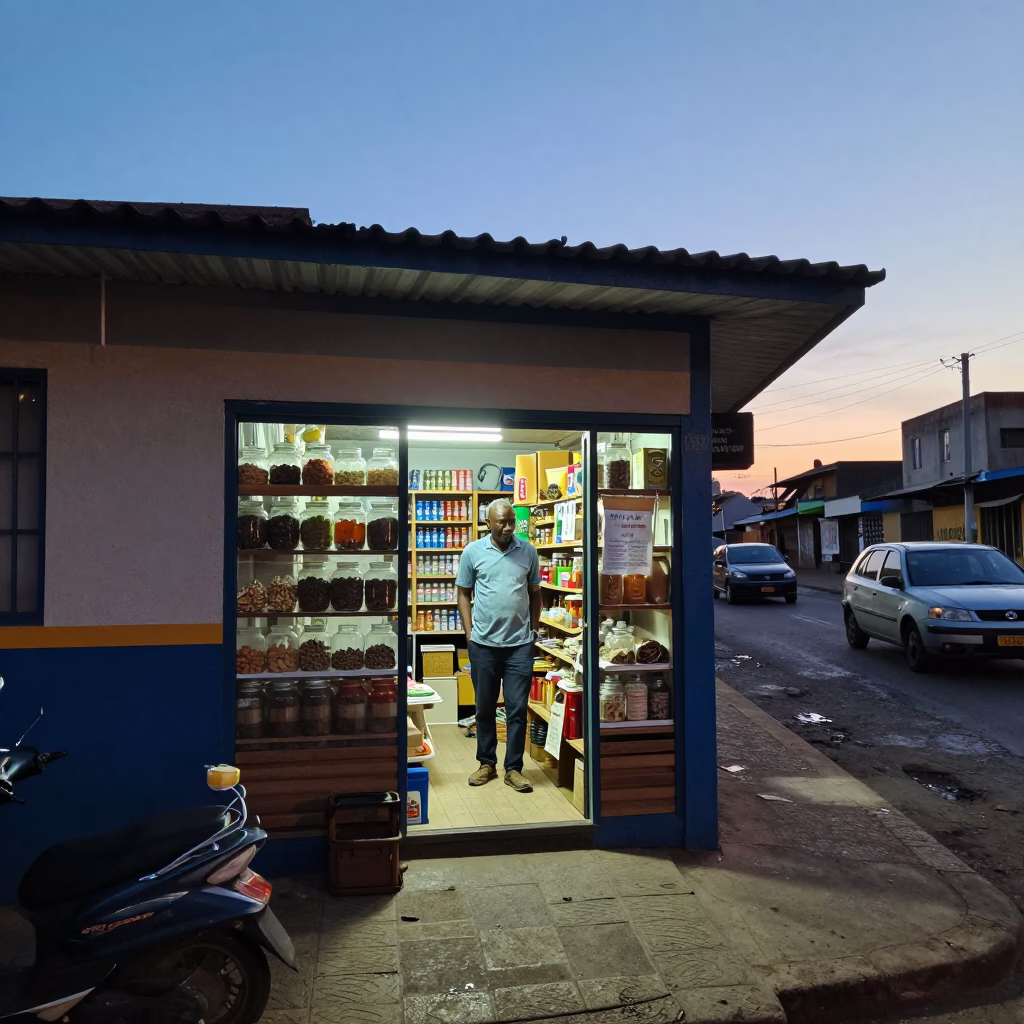 Blue Hour Johannesburg Street Scene with Shopkeeper and Glass Jar in in Johannesburg, South Africa