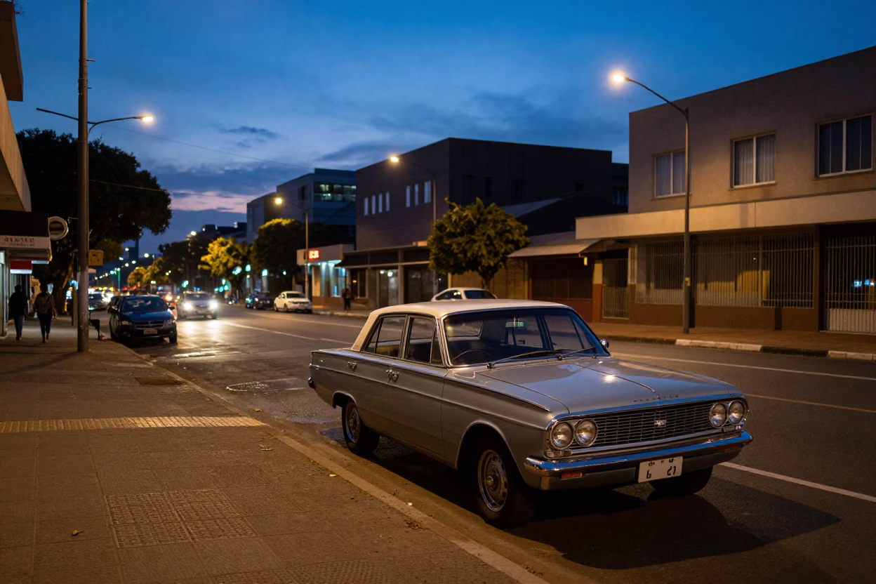 Blue Hour Johannesburg Street Scene with Vintage Car and City Lights in in Johannesburg, South Africa