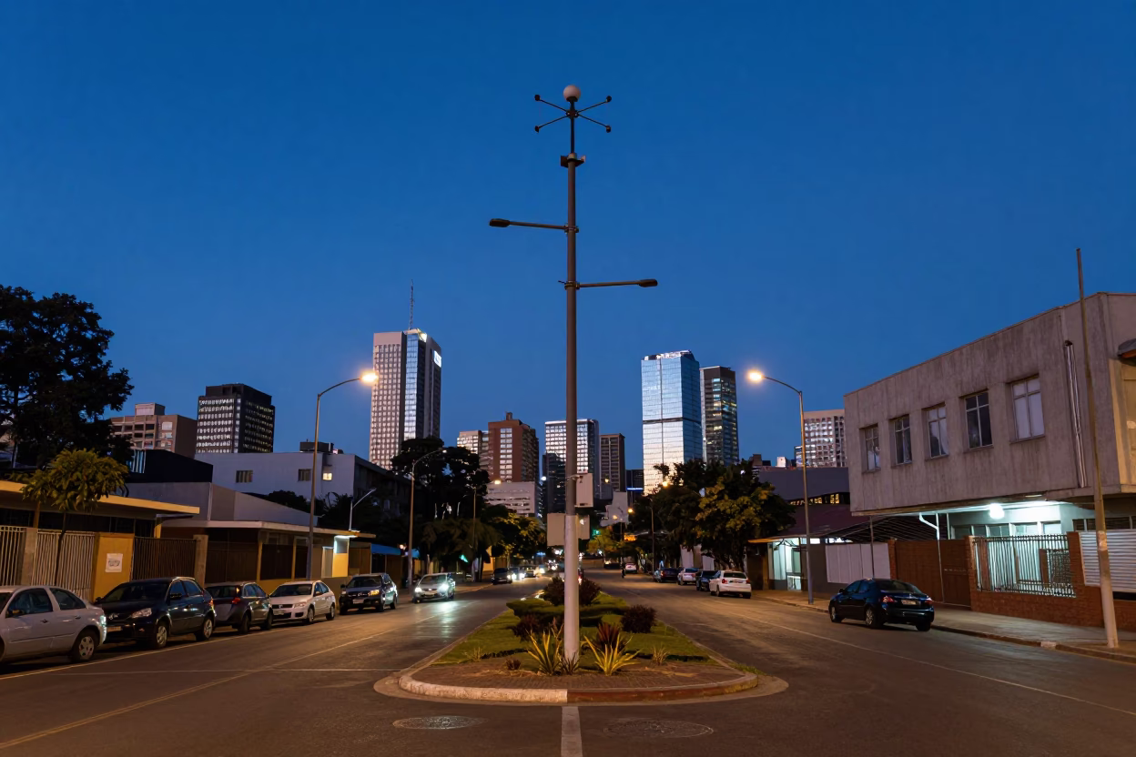 Blue Hour Johannesburg Street Scene with Weather Station Mast and City Lights in in Johannesburg, South Africa