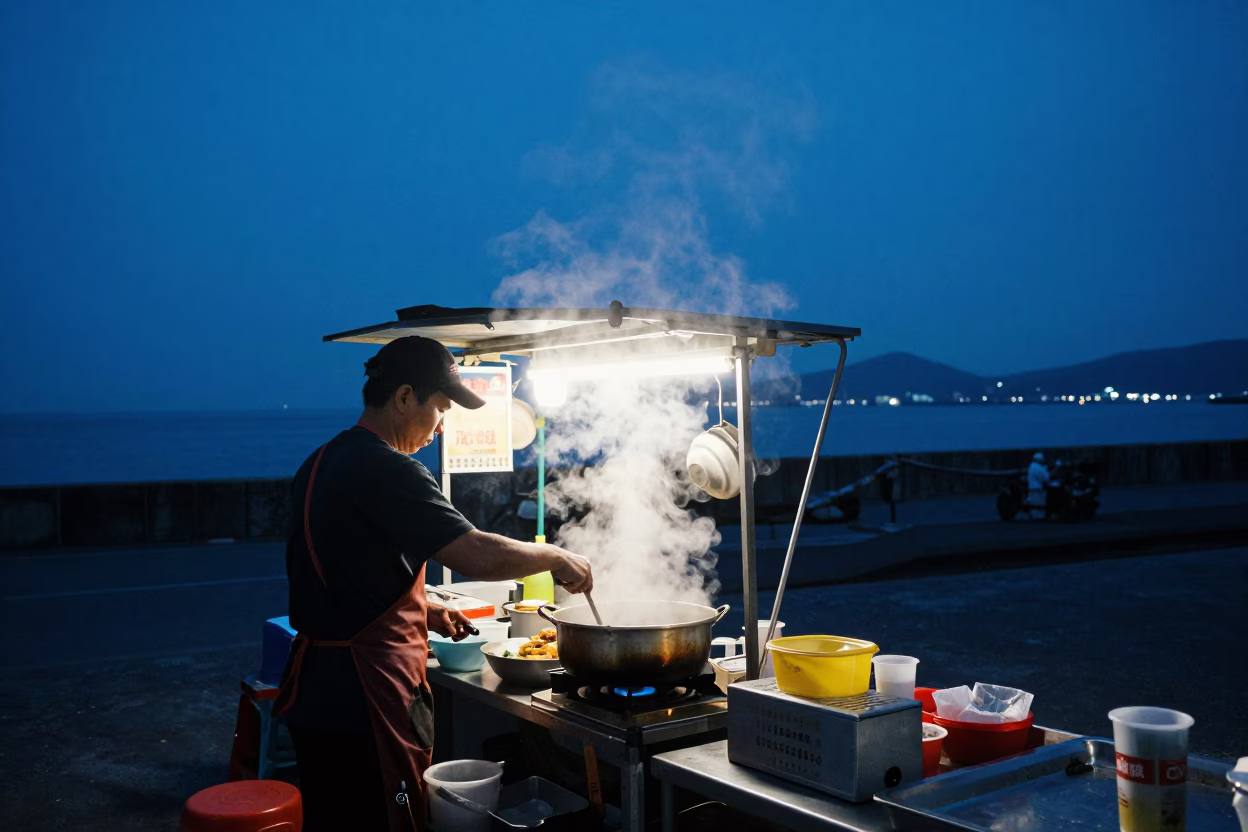 Blue Hour Kaohsiung Harbor Street Food Stall Cooking Pot Steam Rising in in Kaohsiung, Taiwan