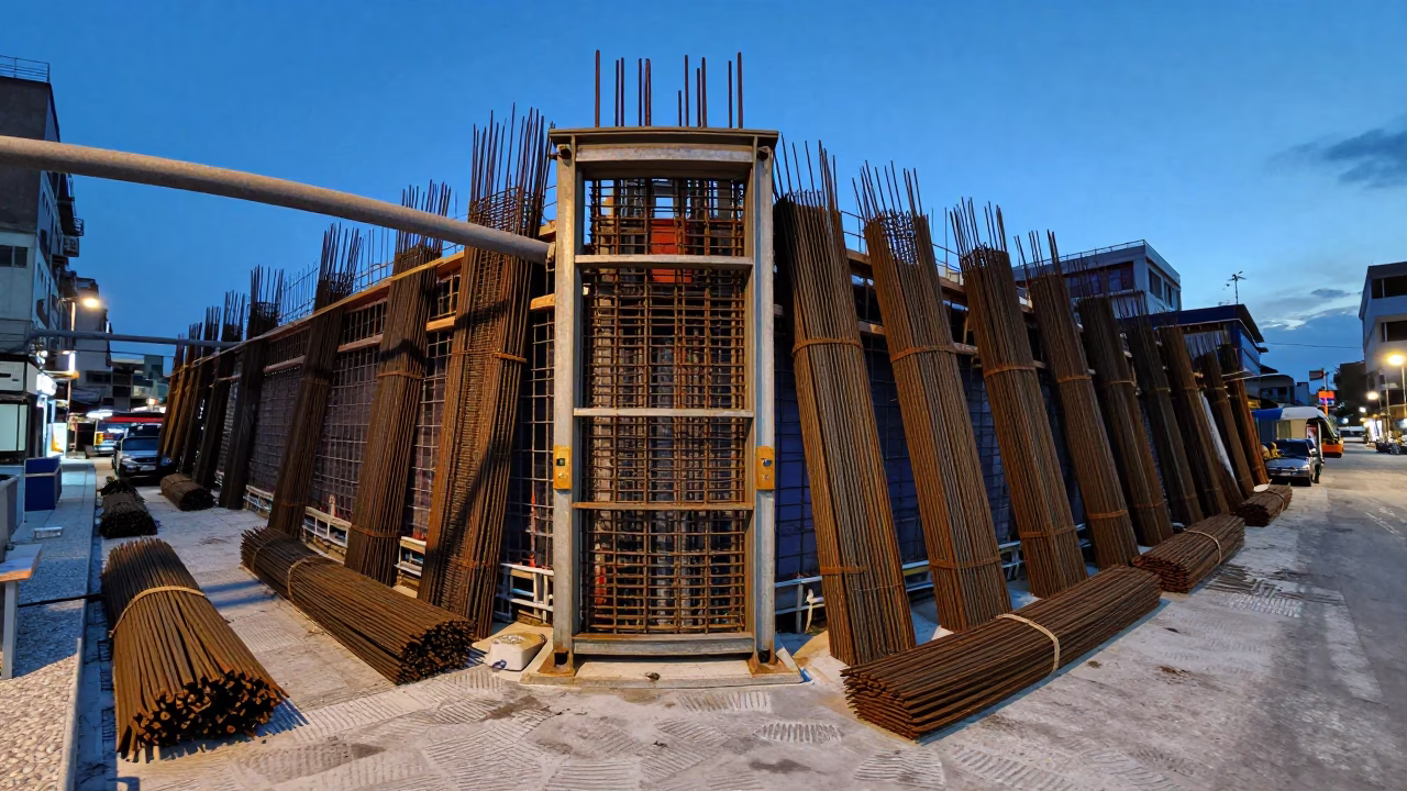 Blue Hour Kaohsiung Street Scene Construction Elevator Gate Rebar Bundles and Urban Evening Atmosphere in in Kaohsiung, Taiwan