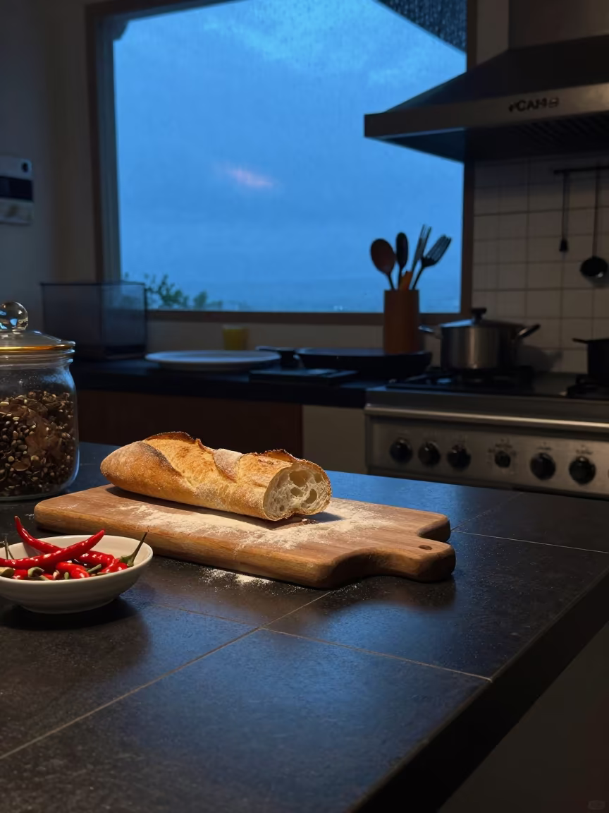 Blue Hour Kitchen Bread Board Da Nang in in a cozy kitchen in Da Nang