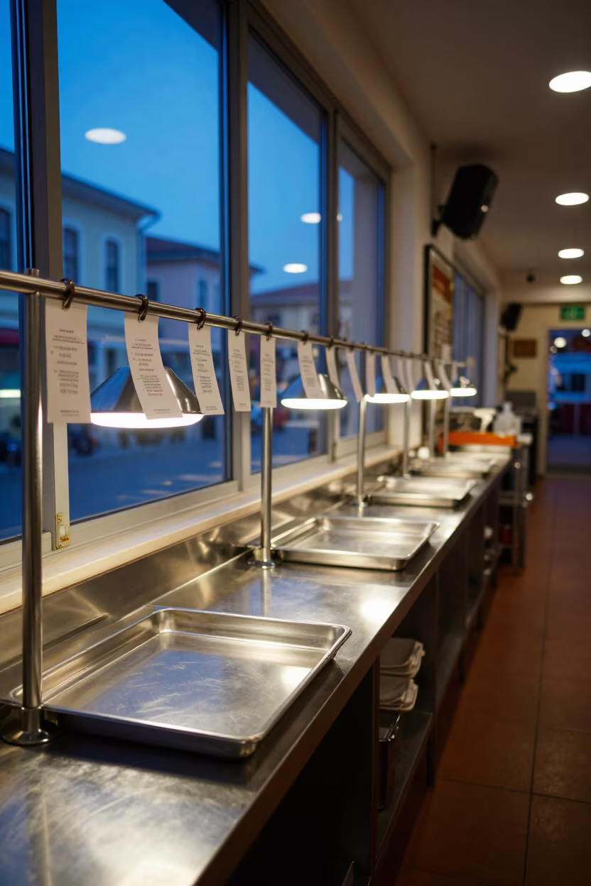 Blue Hour Kitchen Pass with Covered Trays in in a quiet guest corridor in Besiktas, Istanbul