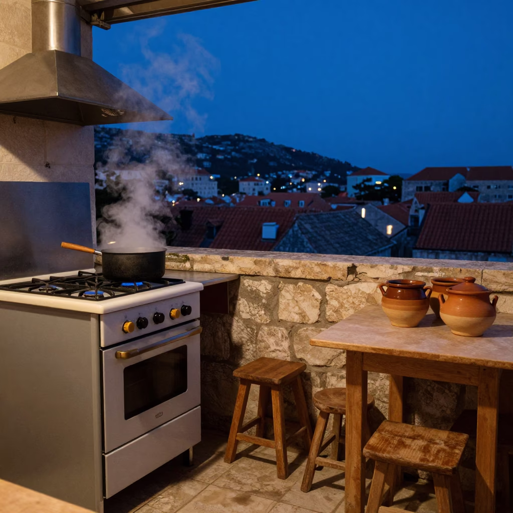 Blue Hour Kitchen Scene with Steam and Clay Pots in Dubrovnik in in Dubrovnik, Croatia