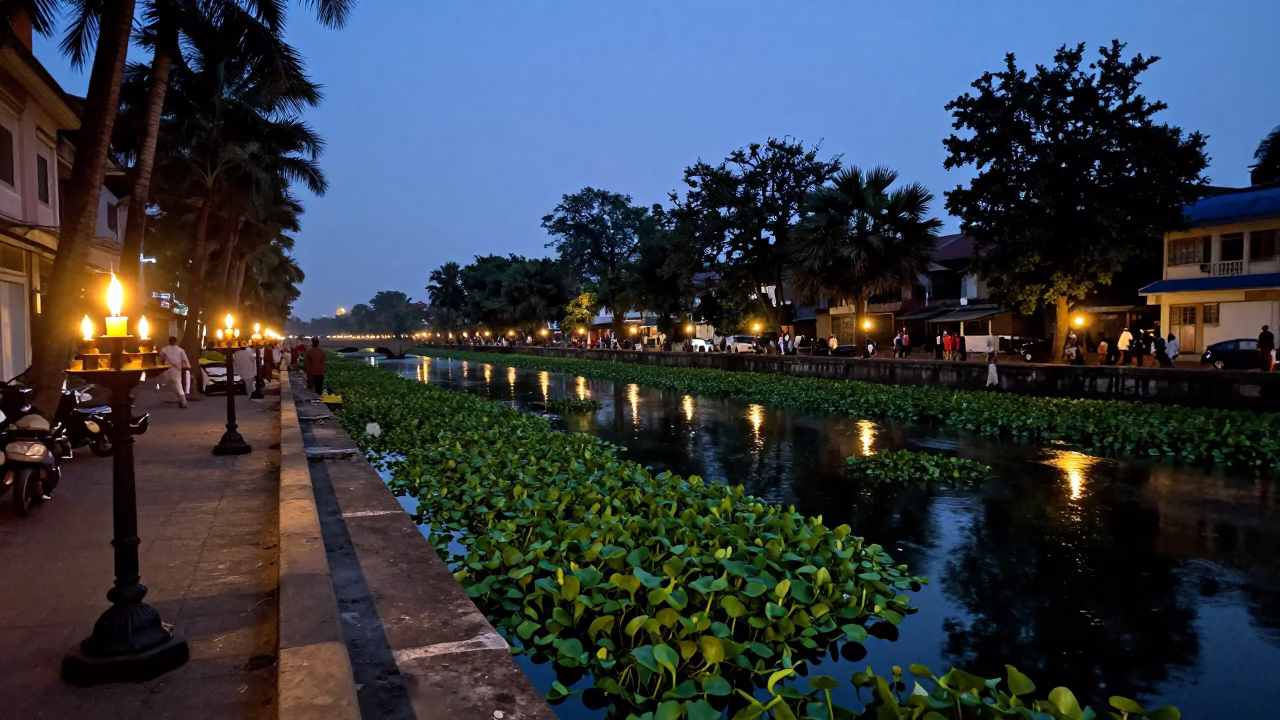 Blue Hour Kolkata Street Scene with Candlesticks and Water Hyacinth in in Kolkata, India