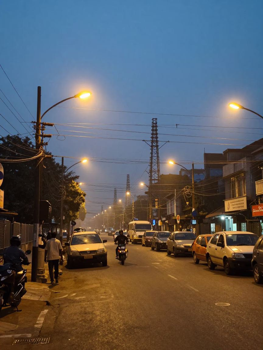 Blue Hour Kolkata Street Scene with Catenary Wires and Local Life in in Kolkata, India