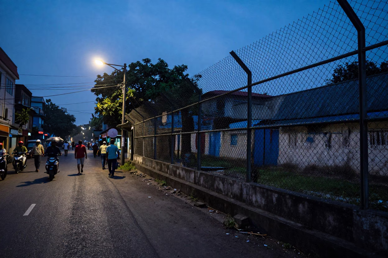 Blue Hour Kolkata Street Scene with Substation Fence and Local Activity in in Kolkata, India
