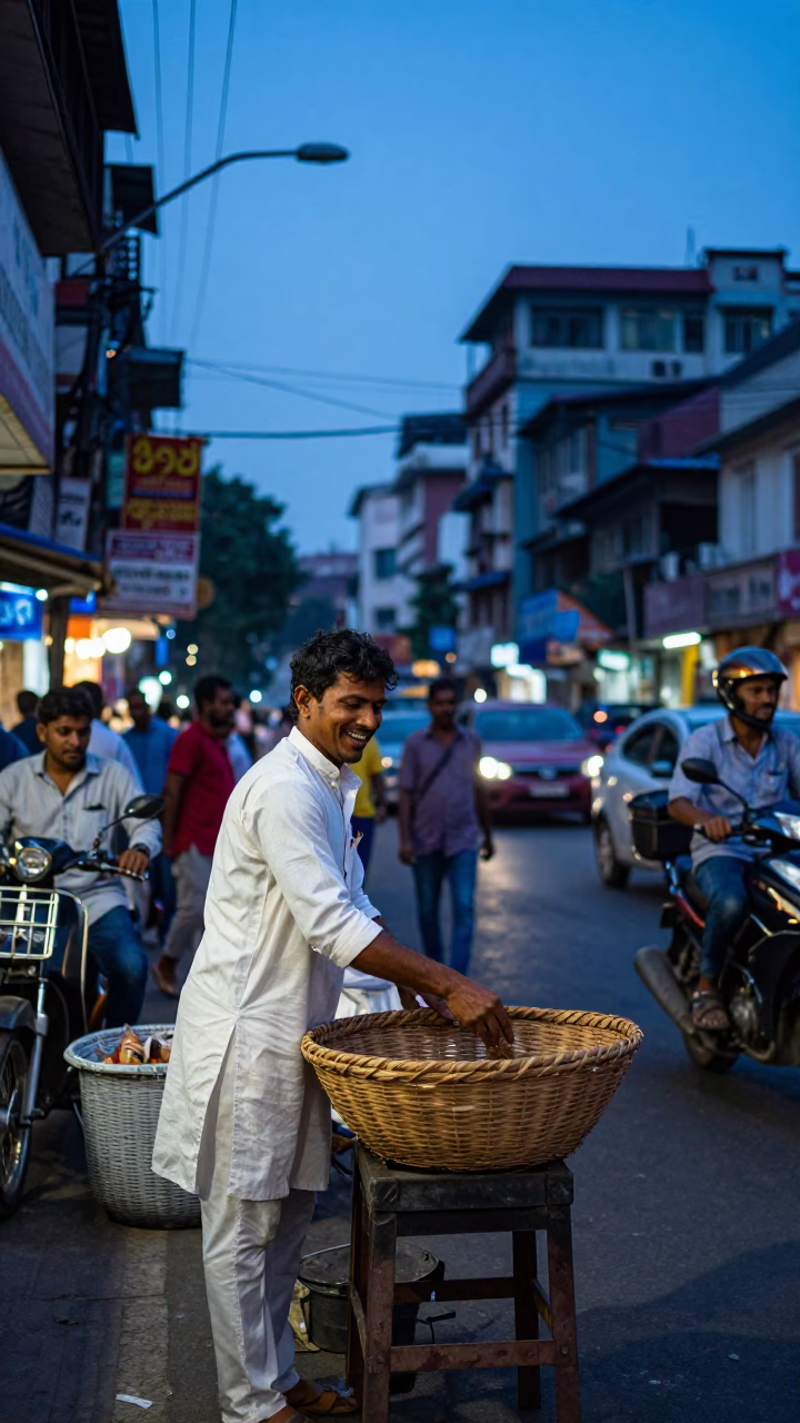 Blue Hour Kolkata Street Scene with Vendor and Pedestrians in in Kolkata, India