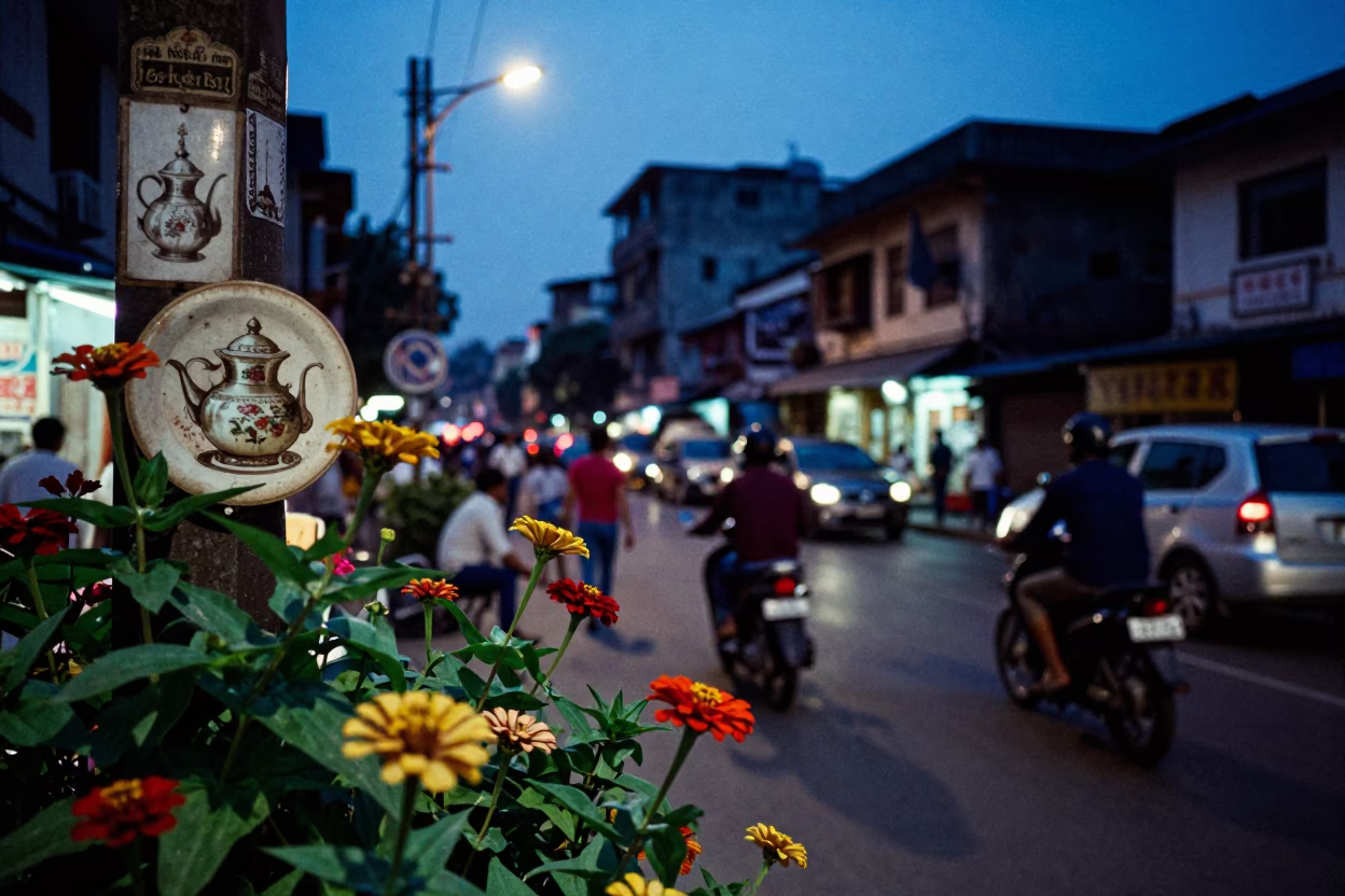 Blue Hour Kolkata Street Scene with Zinnias and Vintage Tea Stains in in Kolkata, India