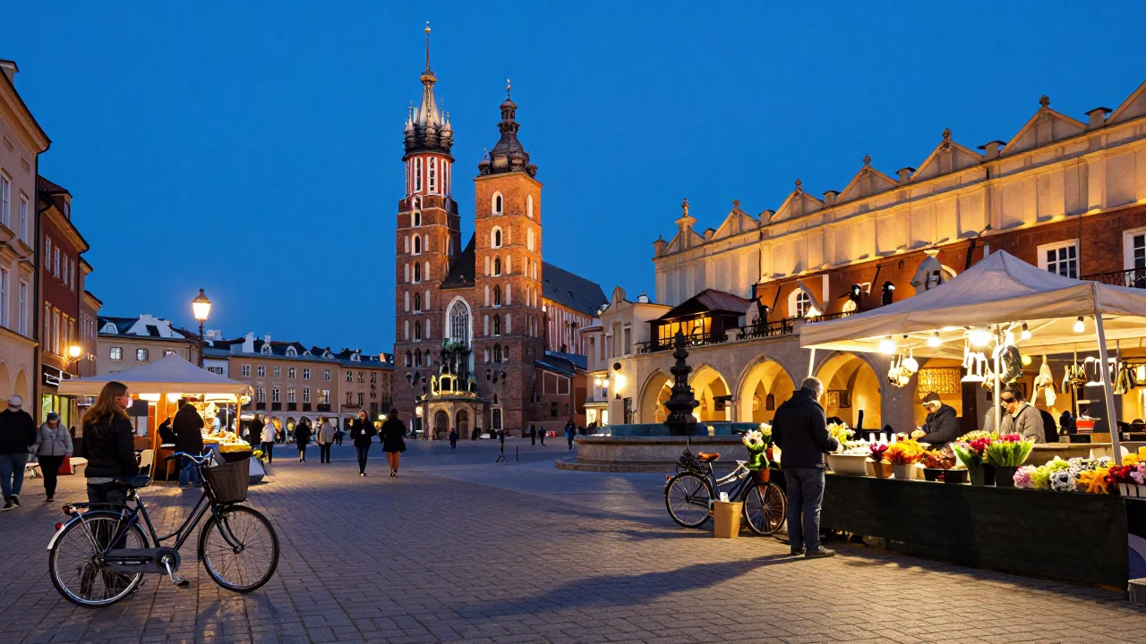 Blue Hour Krakow Street Scene with Bicycle Basket and Local Market Vibe in in Krakow, Poland