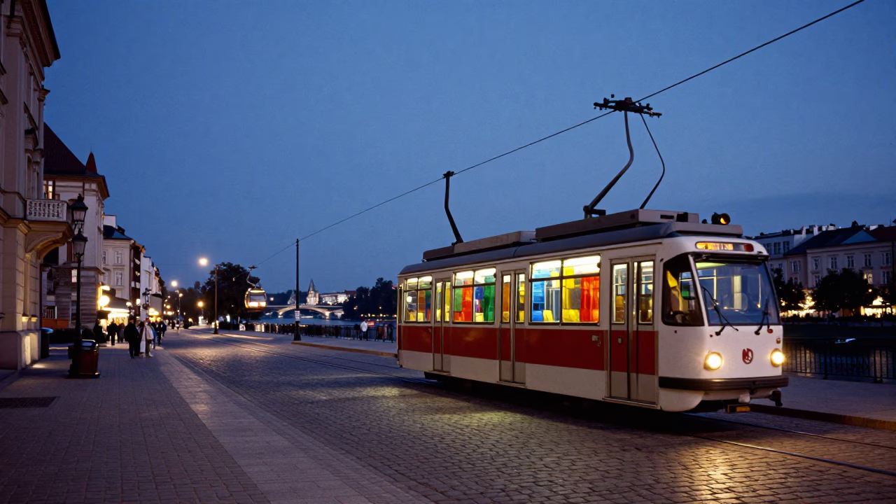 Blue Hour Krakow Street Scene with Cable Car and Colored Glass Bottle in in Krakow, Poland