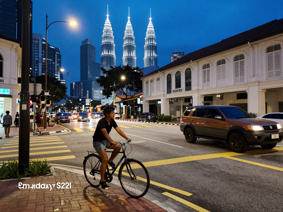 Blue Hour Kuala Lumpur Street Scene with Bicycle and Vintage SUV in in Kuala Lumpur, Malaysia