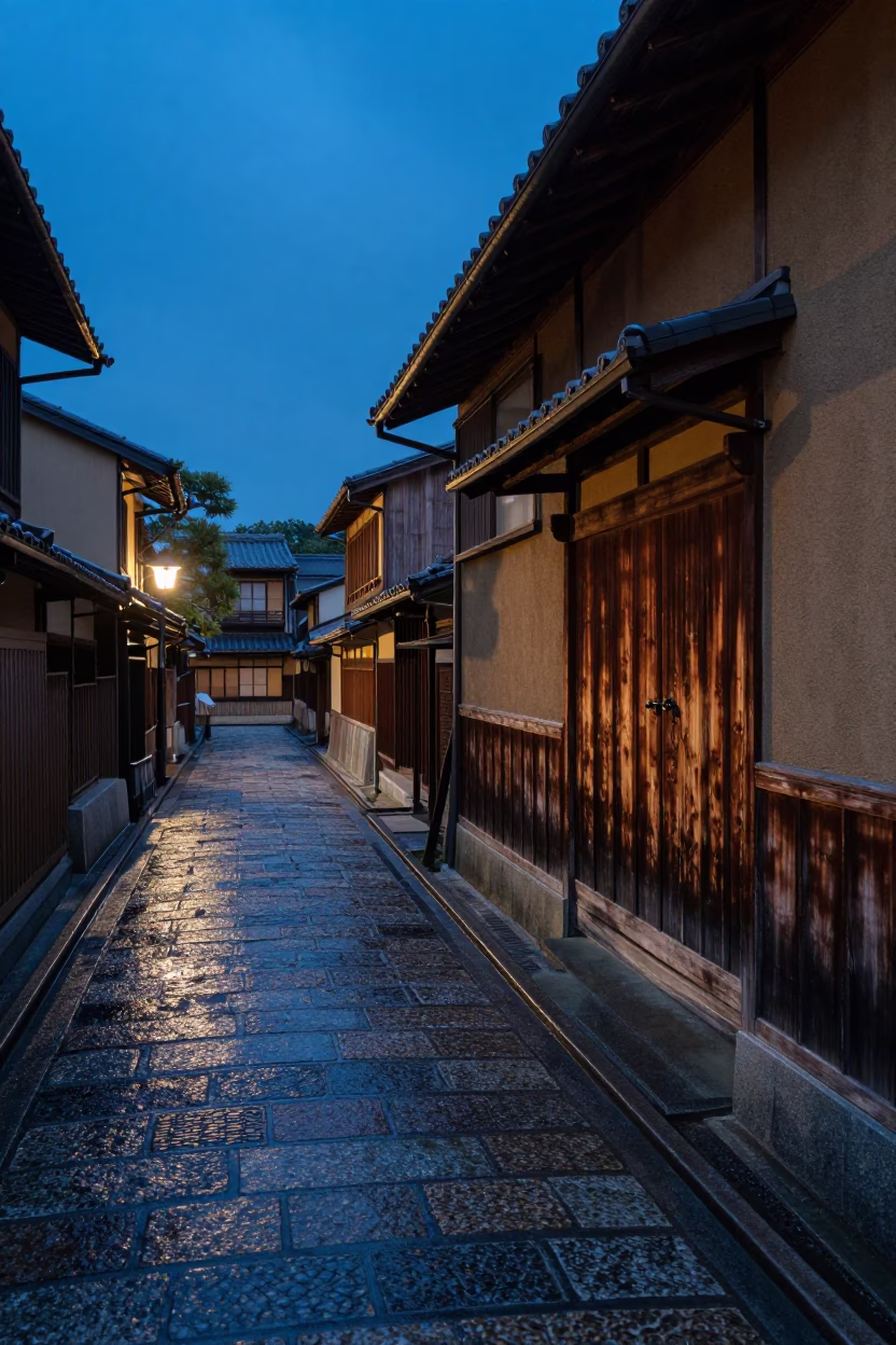 Blue Hour Kyoto Alleyway Wooden Eaves and Wet Stone Path in in Kyoto, Japan