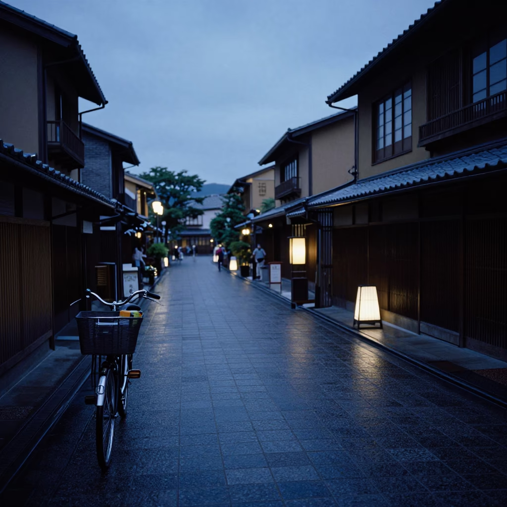 Blue Hour Kyoto Street Scene with Bicycle Basket and Damp Pavement Reflections in in Kyoto, Japan