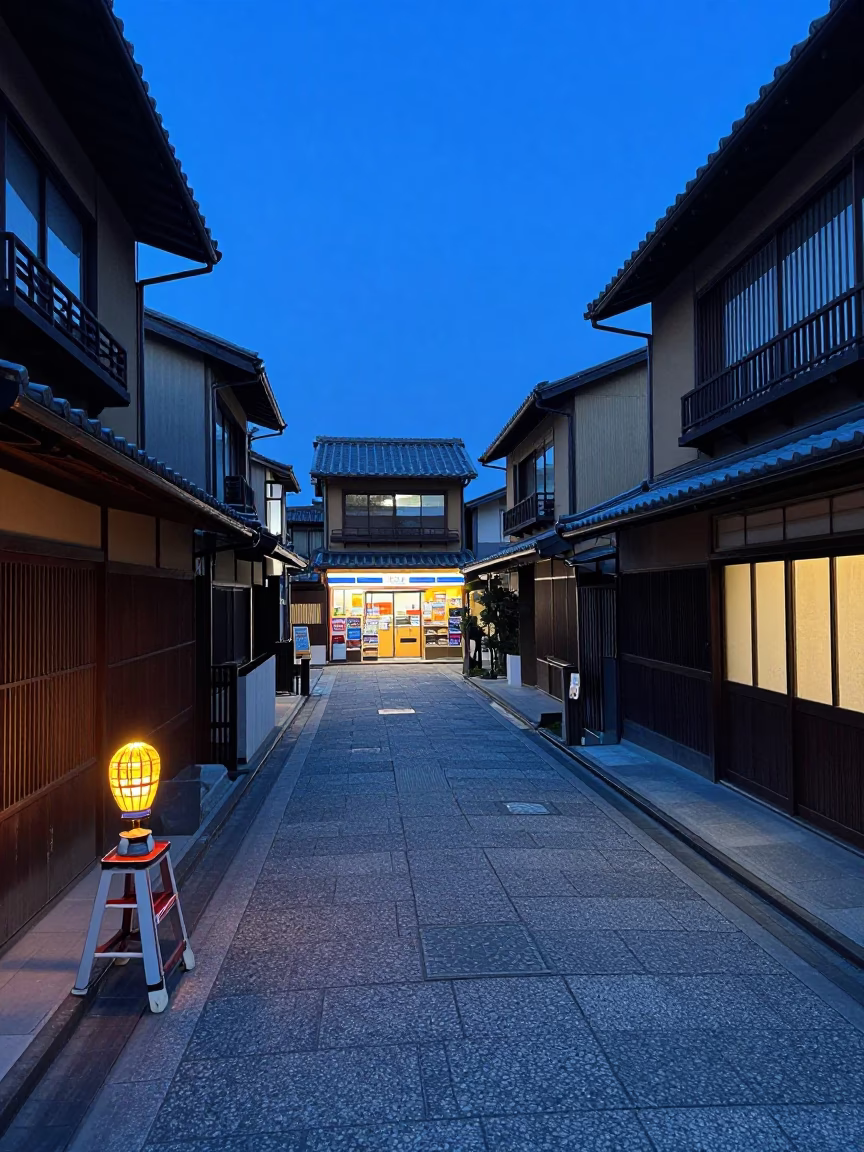 Blue Hour Kyoto Street Scene with Candlestick and Step Ladder in in Kyoto, Japan