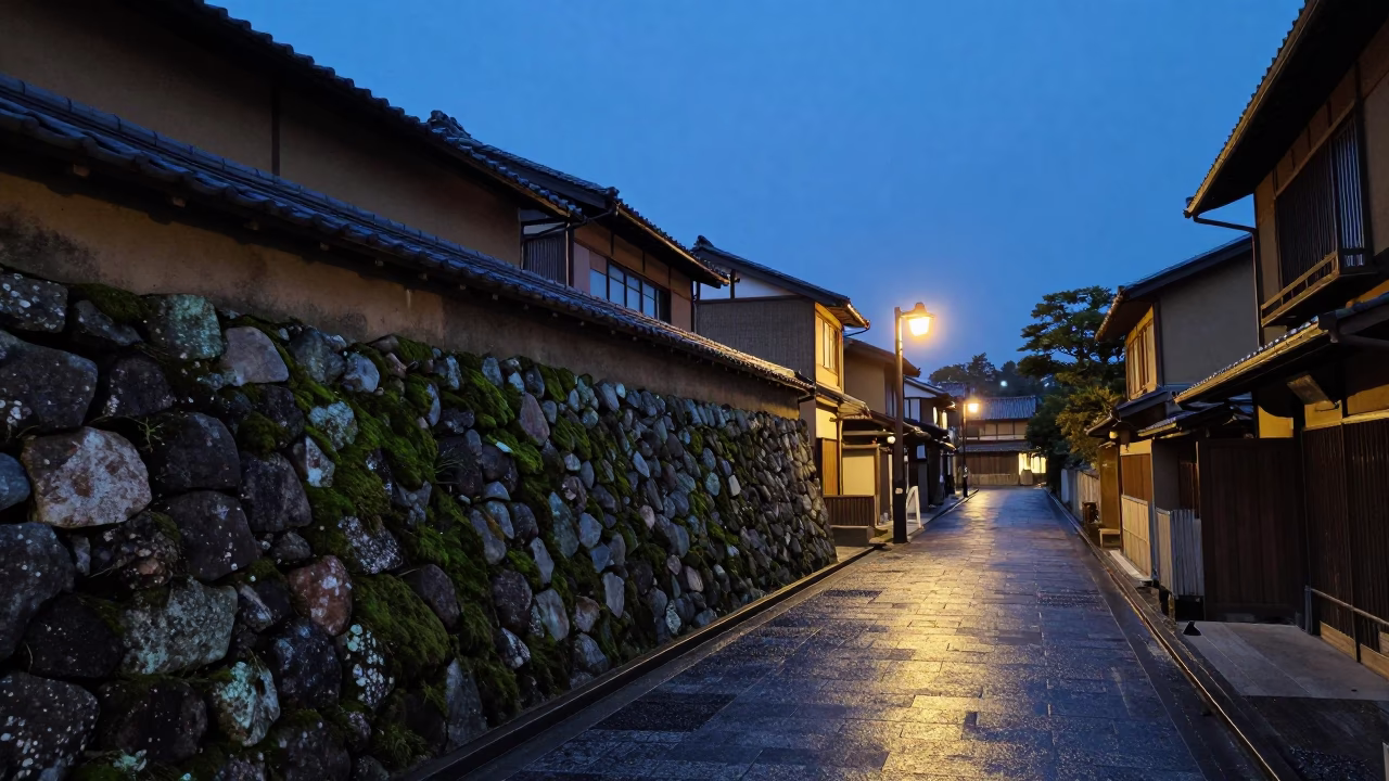 Blue Hour Kyoto Street Scene with Mossy Stone Wall and Traditional Lanterns in in Kyoto, Japan