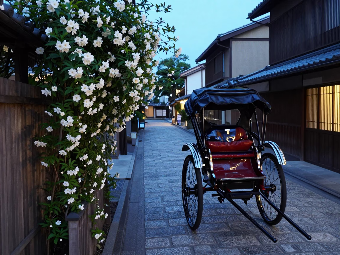Blue Hour Kyoto Street Scene with Rickshaw and Jasmine Trellis in in Kyoto, Japan
