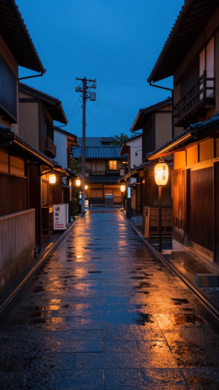 Blue Hour Kyoto Street Scene with Substation Puddle and Traditional Lanterns in in Kyoto, Japan