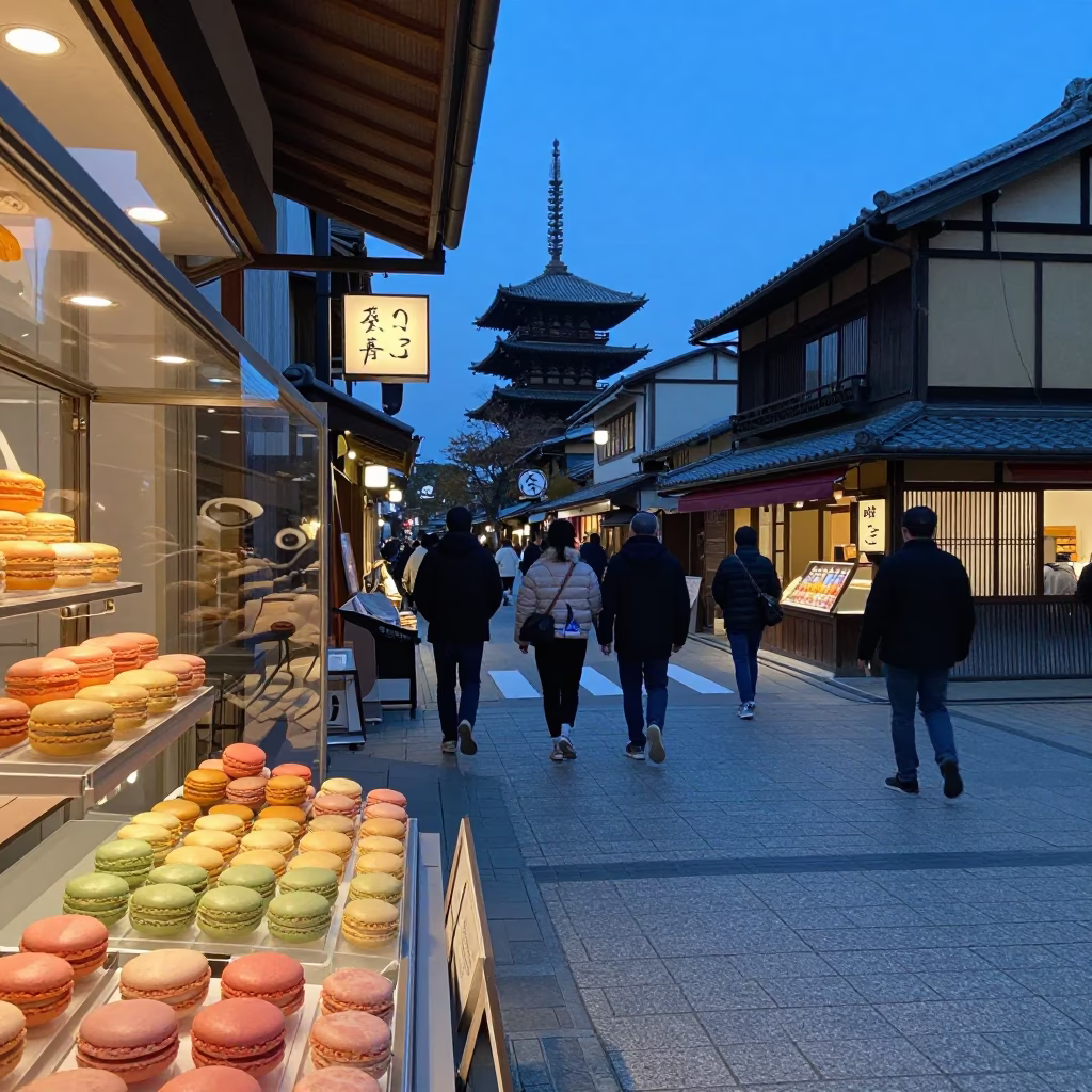 Blue Hour Kyoto Street Scene with Vibrant Pastel Macarons and Traditional Architecture in in Kyoto, Japan