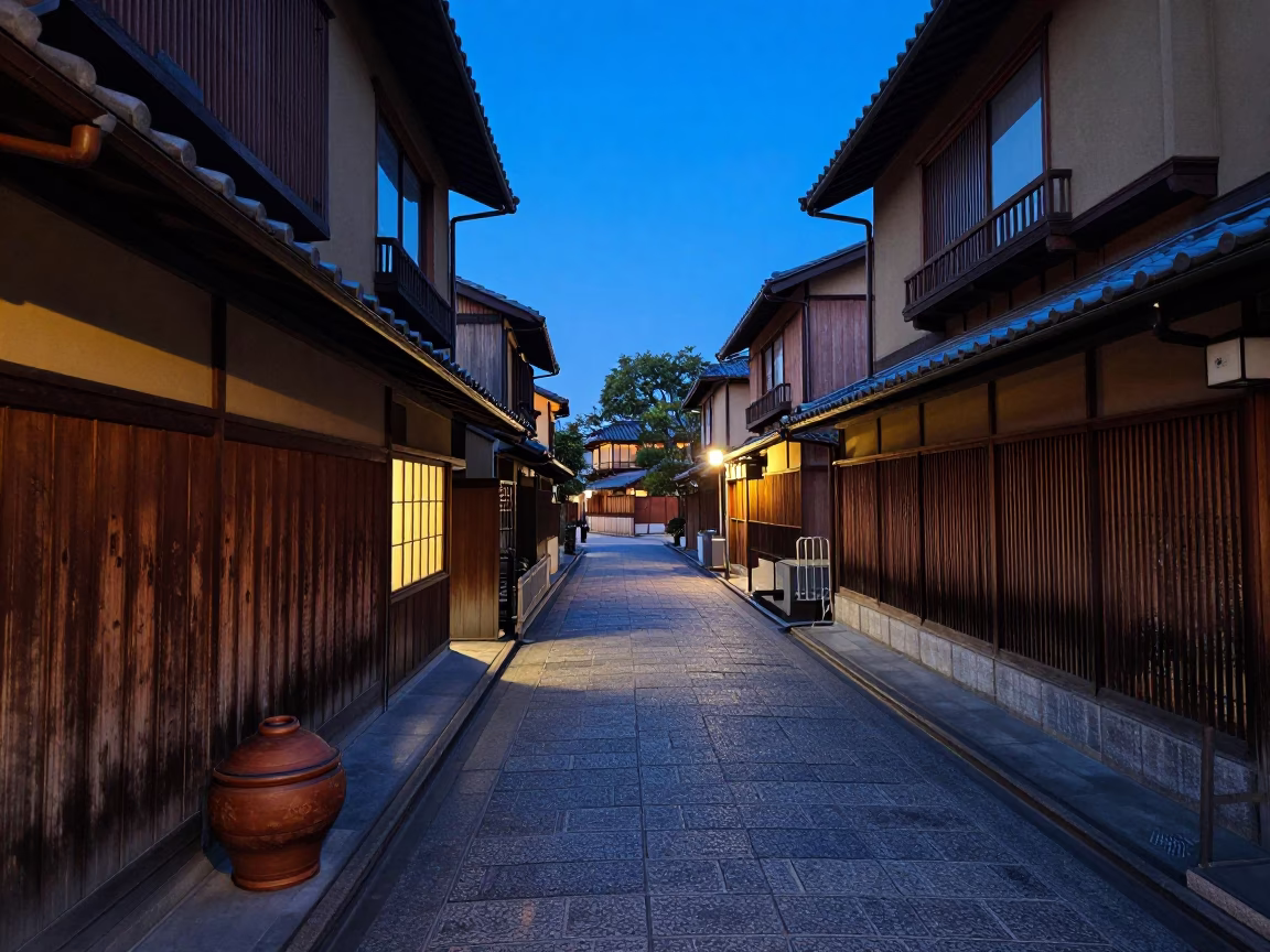 Blue Hour Kyoto Street Scene with Vintage Clay Pot and Wooden Storefront in in Kyoto, Japan